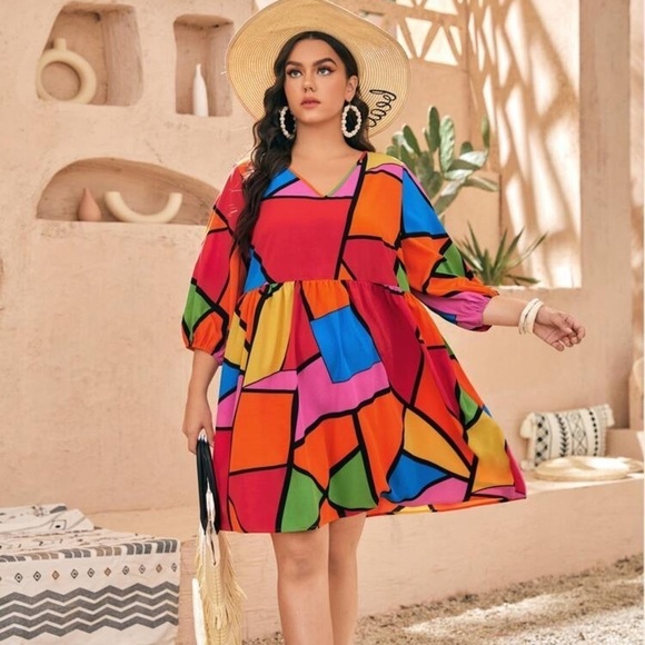 Shein Bright Color block V Neck Babydoll Dress - Picture 1 of 9